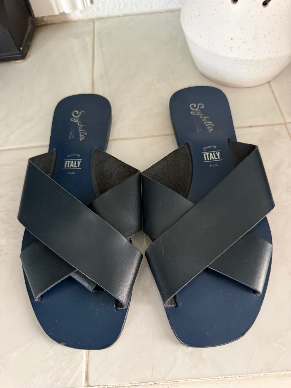 Seychelles Navy Crisscross Leather Slide Sandals- Made in Italy
